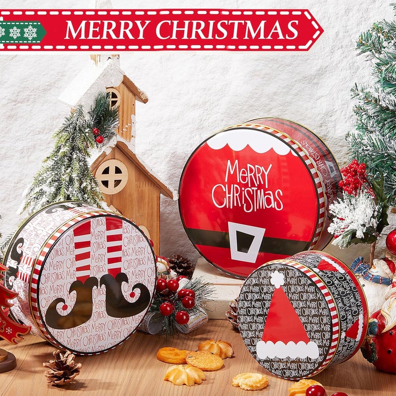 Lingvee 3 Pcs Christmas Cookie Tins with Lids for Gift Giving Tin Containers Round Festive Cookie Tins Metal Nesting Containers Large Medium Small(Snowflakes Style,Red) - Image 3